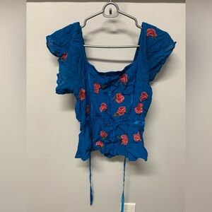 Blue Floral Embroidered Women's Top